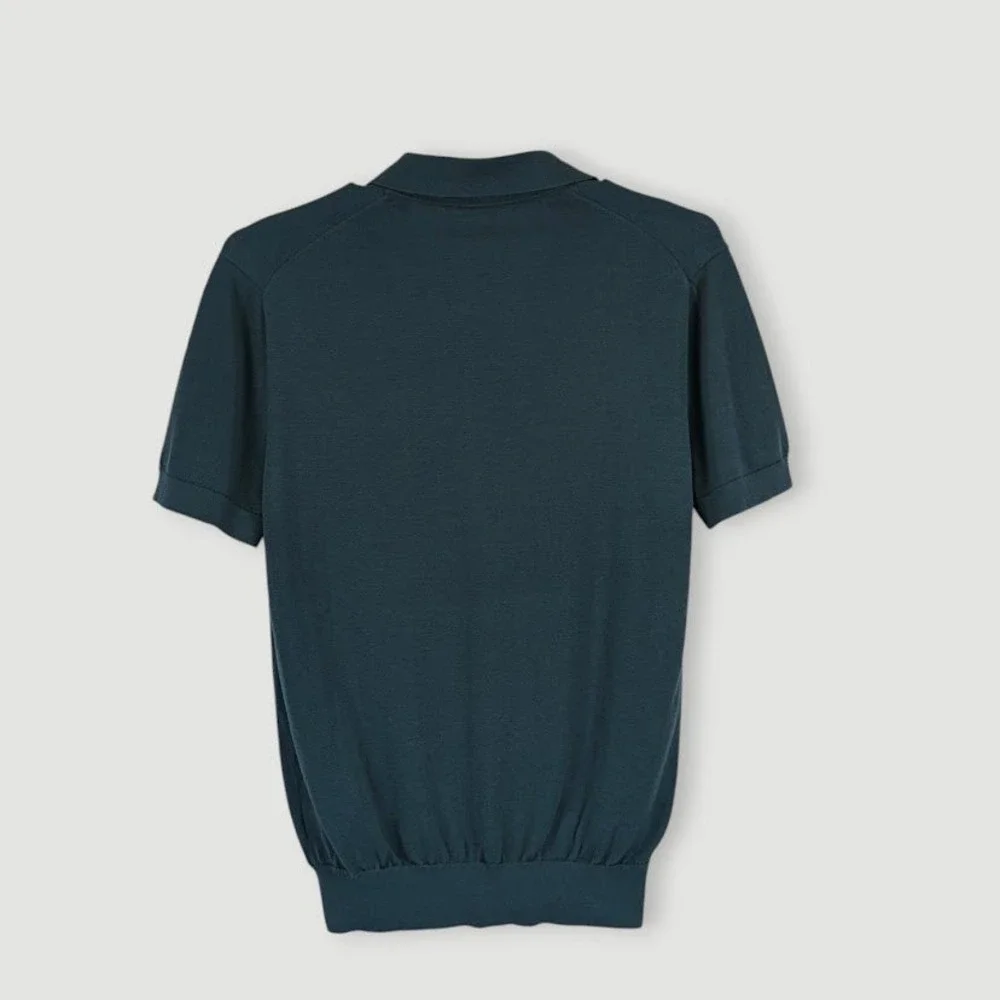 SuitSupply Cotton Silk Polo Shirt Men Large Green Johnny Collar Quiet Luxury - Picture 4 of 9